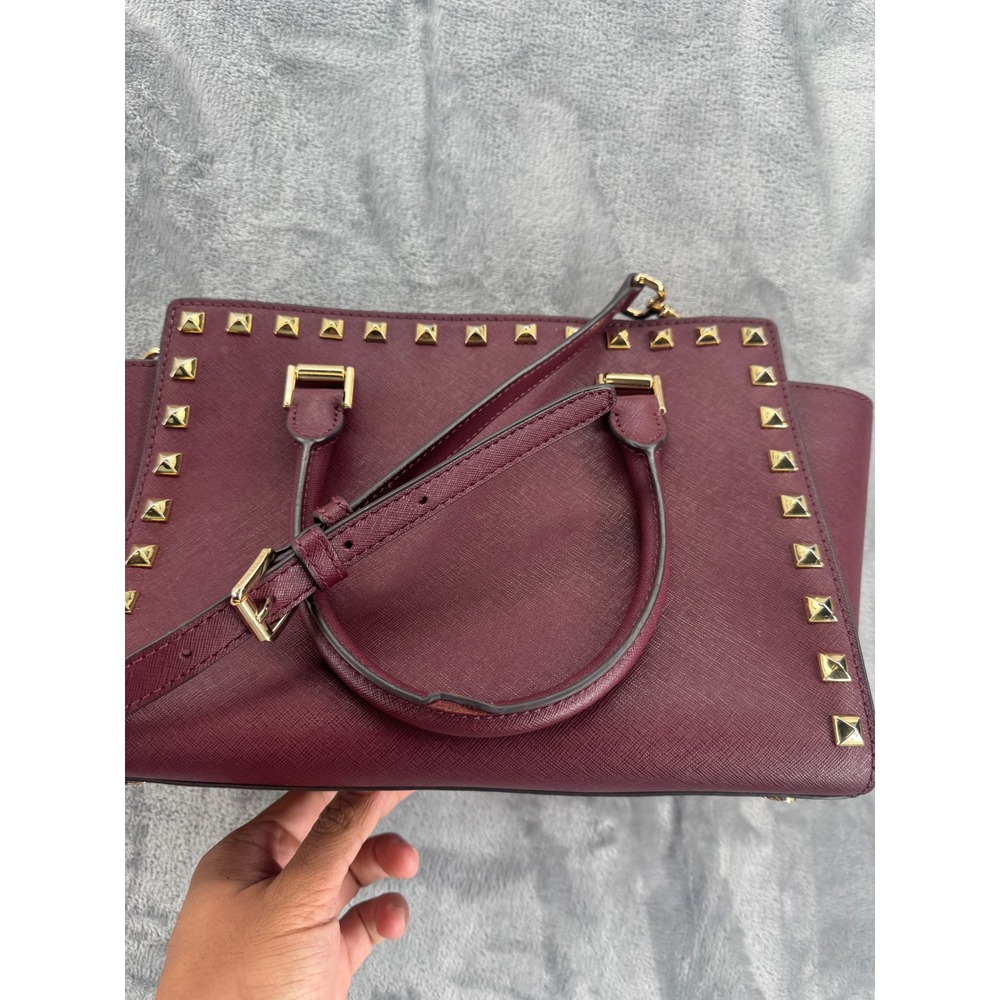 Michael Kors Selma Studded Medium Satchel Plum Saffiano Leather Gold Studs Bag